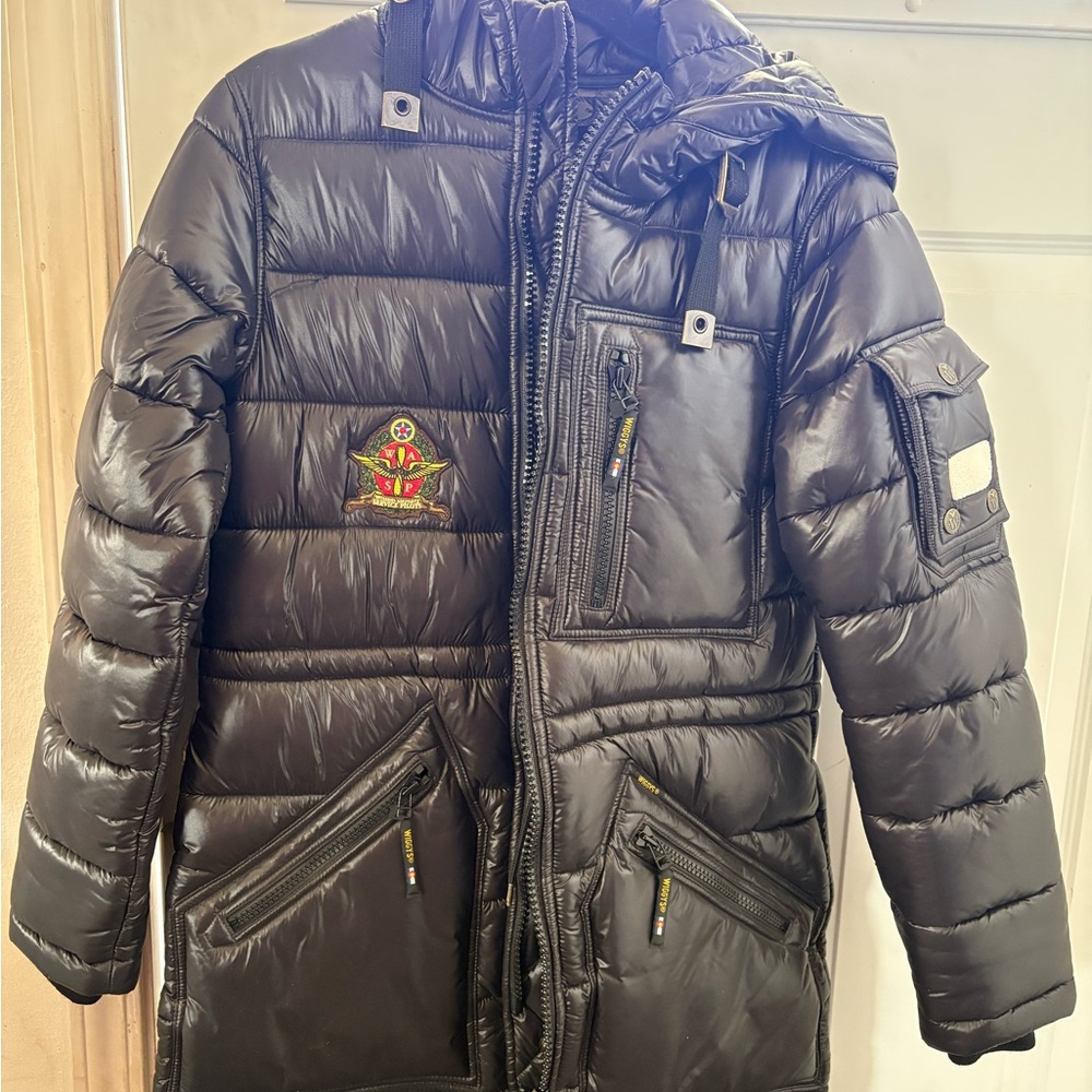 Black Puffer Coat with Embroidered Patch